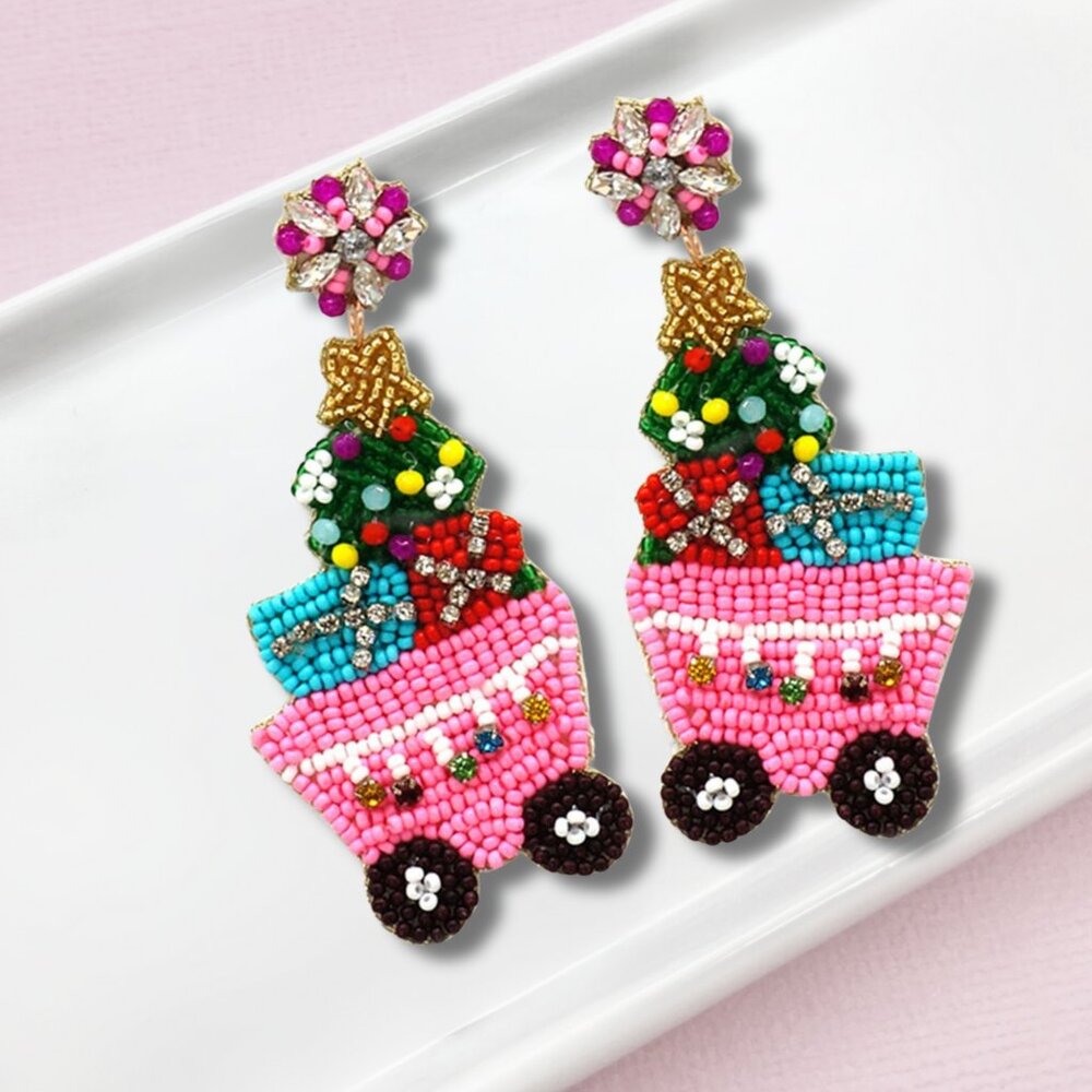 Pink Wagon Piled Presents Holiday Rhinestone Bling Seed Beaded Party Earrings